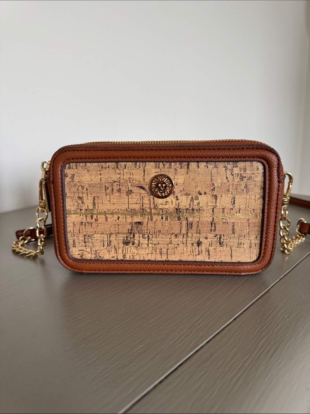 Anne Klein Leather-Trim Cork Crossbody Bag in Brown